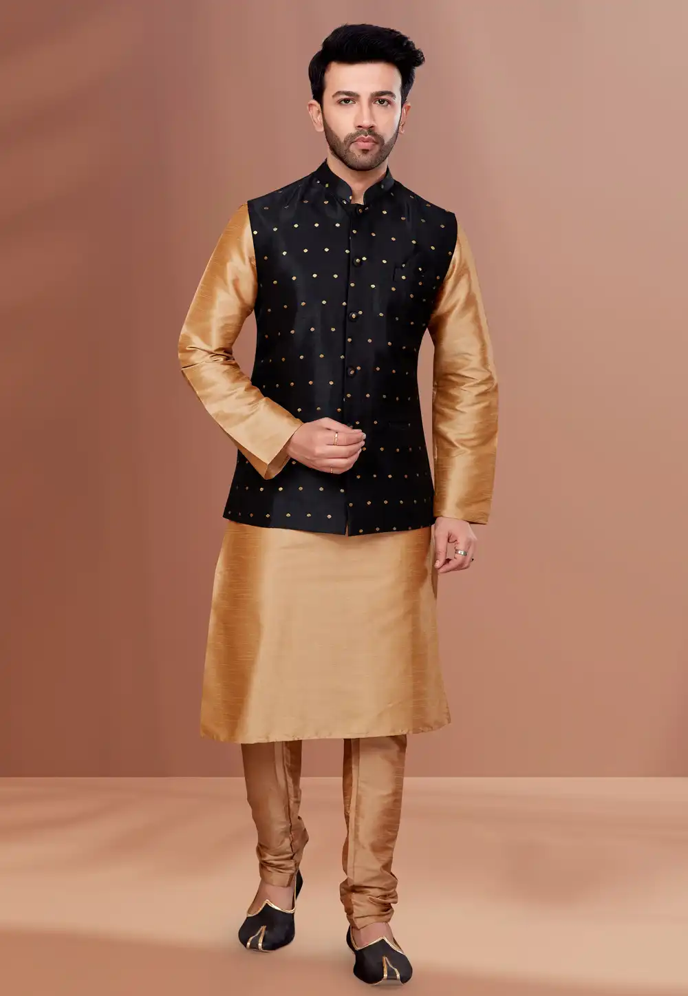 Beige Banarasi Kurta Pajama With Jacket 256884