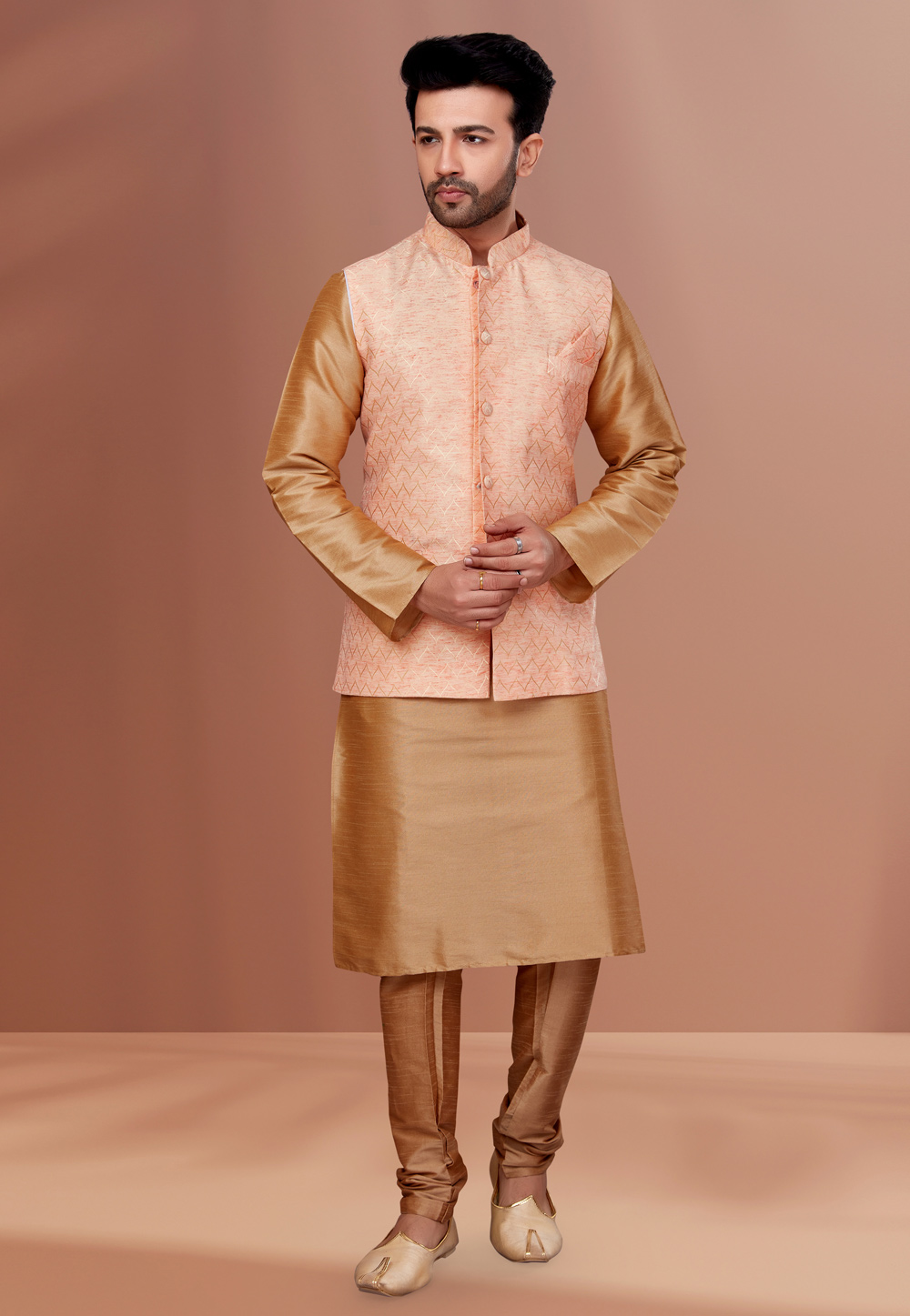 Beige Banarasi Kurta Pajama With Jacket 256885