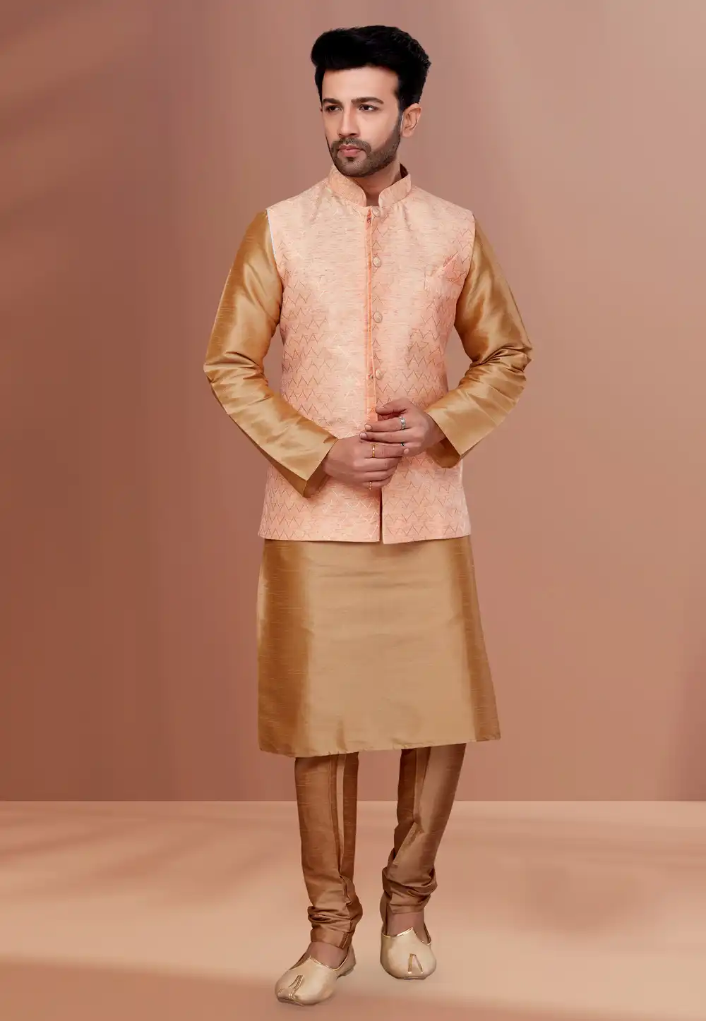 Beige Banarasi Kurta Pajama With Jacket 256885