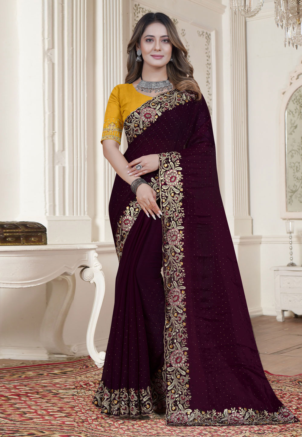 Wine Satin Silk Saree With Blouse 270647