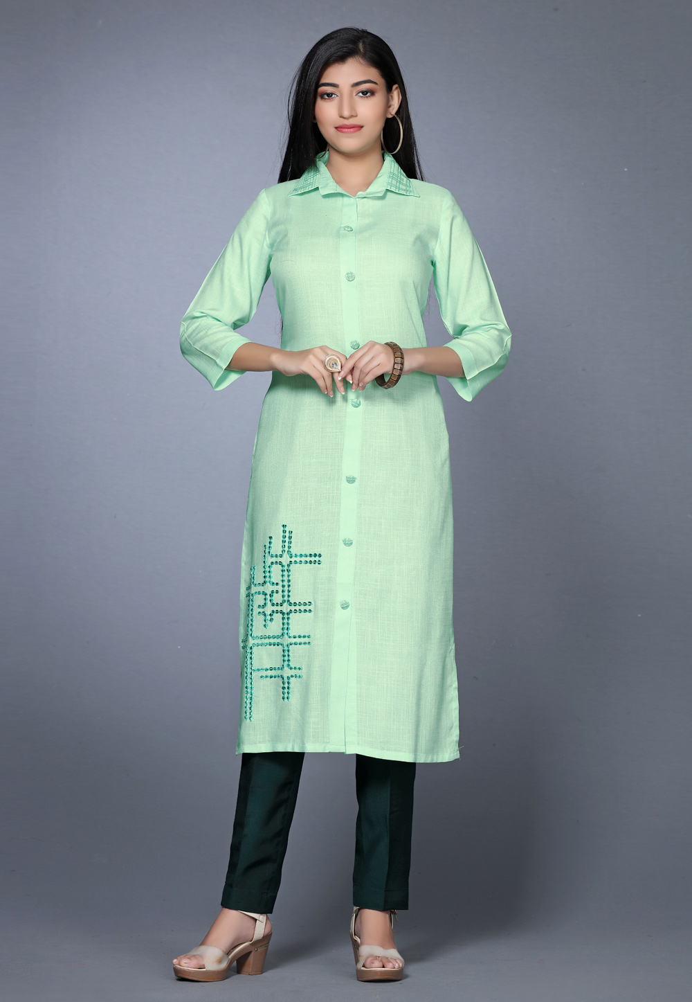 Pista Green Rayon Long Kurti 267771
