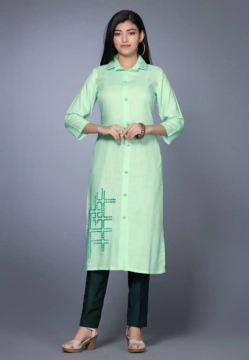 Pista Green Rayon Long Kurti 267771
