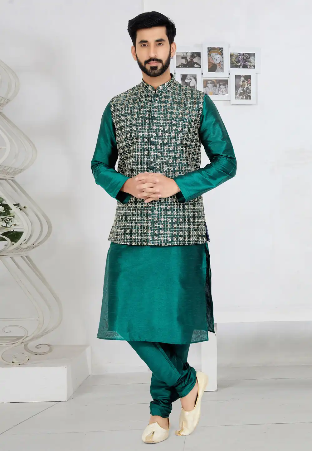 Green Banarasi Kurta Pajama With Jacket 265264