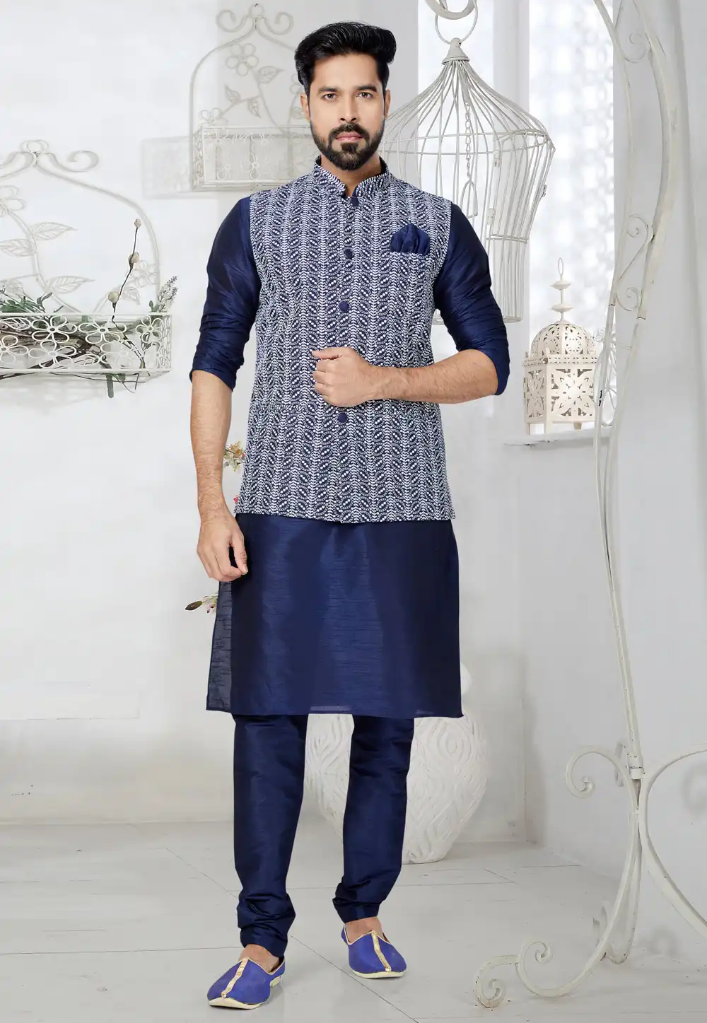 Navy Blue Banarasi Kurta Pajama With Jacket 265265