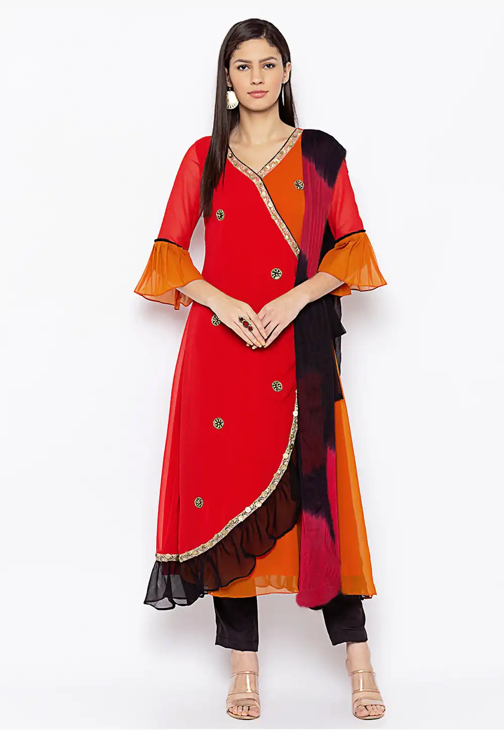 Red Georgette Readymade Pant Style Suit 235553