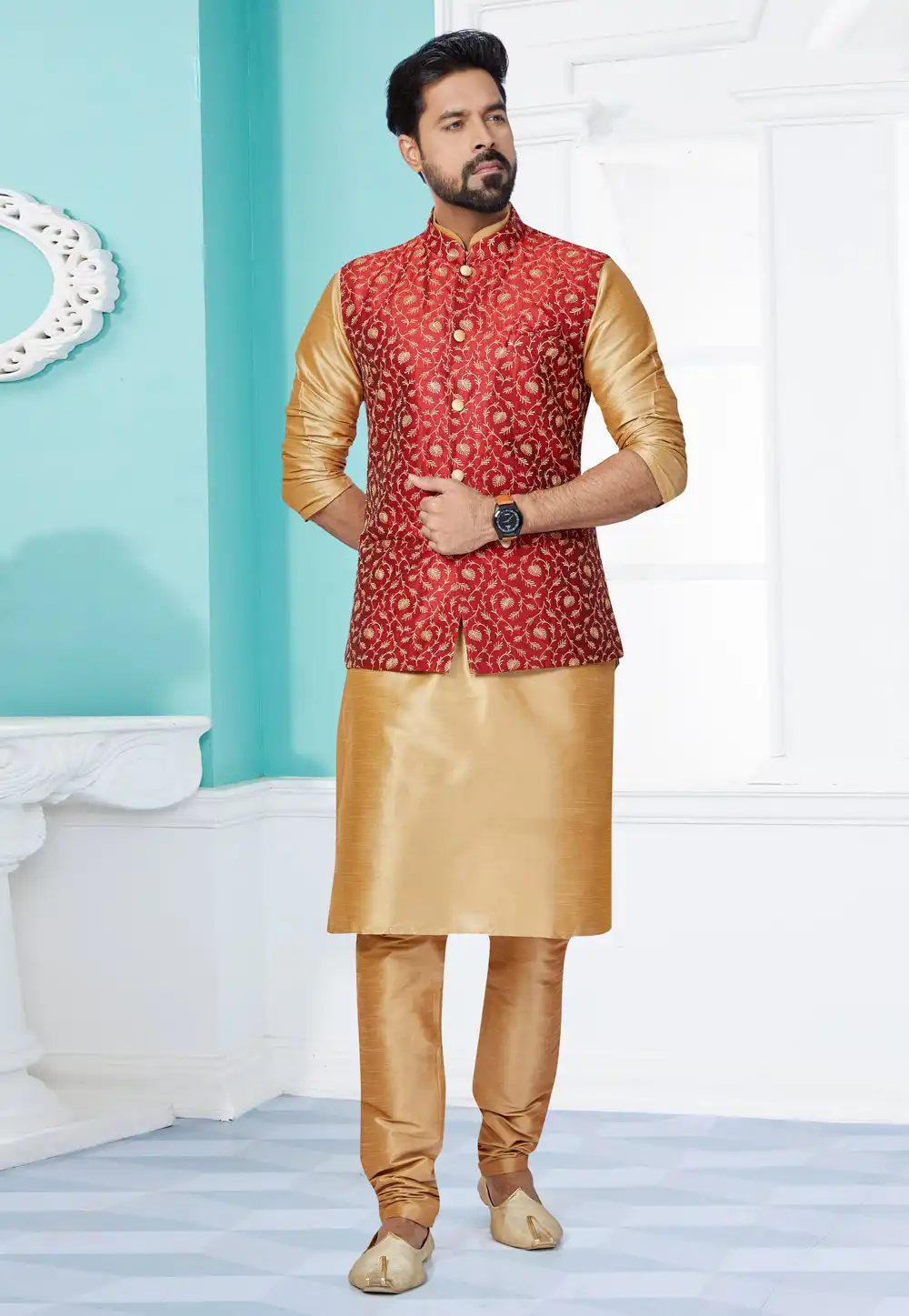 Beige Banarasi Kurta Pajama With Jacket 265266