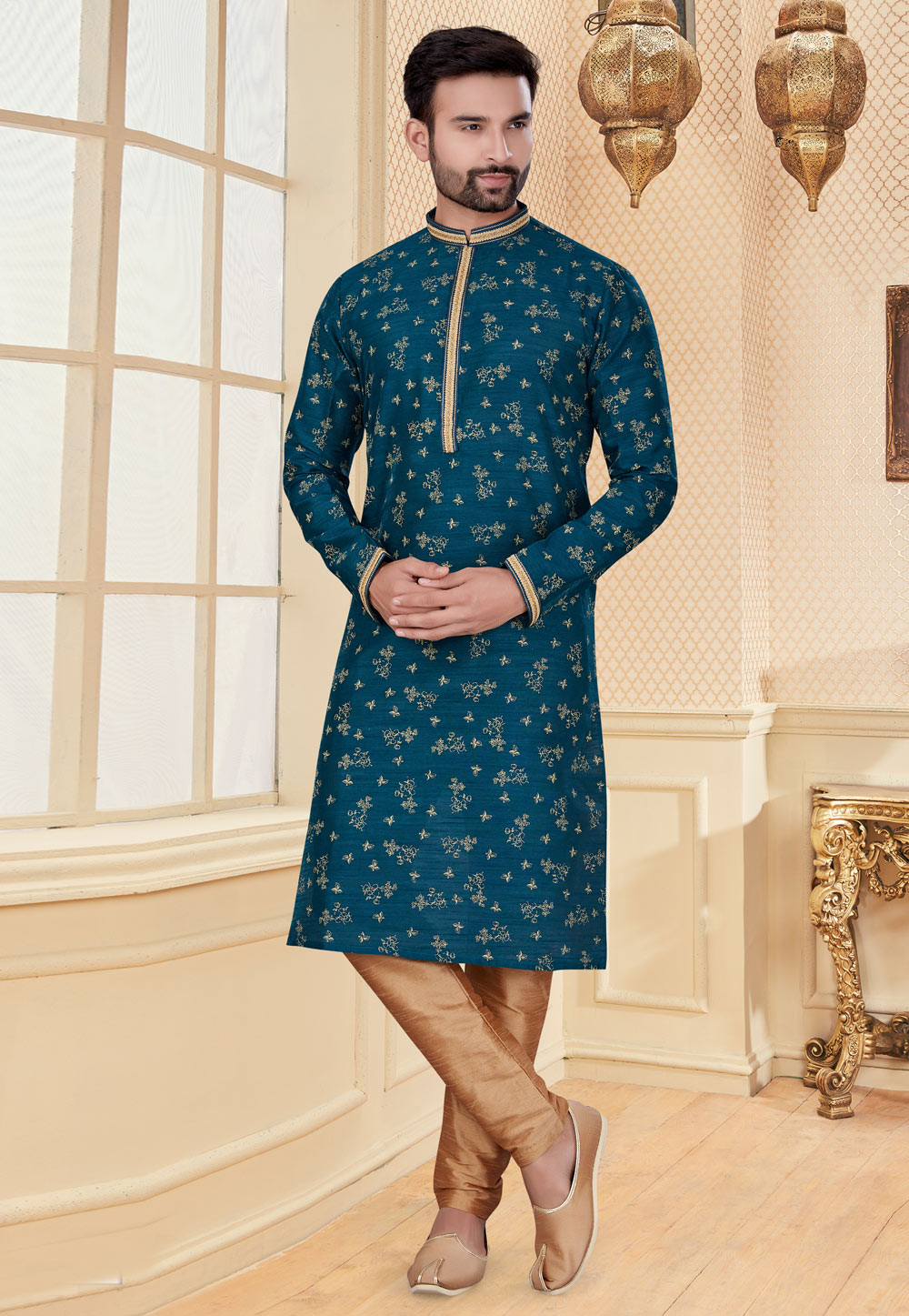 Teal Jacquard Kurta Pajama 251190
