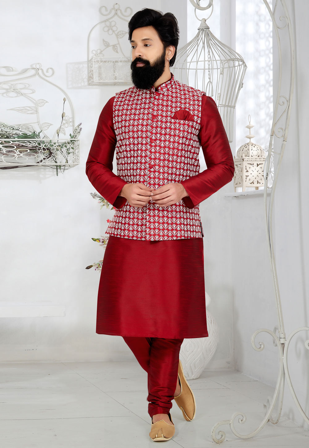 Maroon Banarasi Kurta Pajama With Jacket 265267