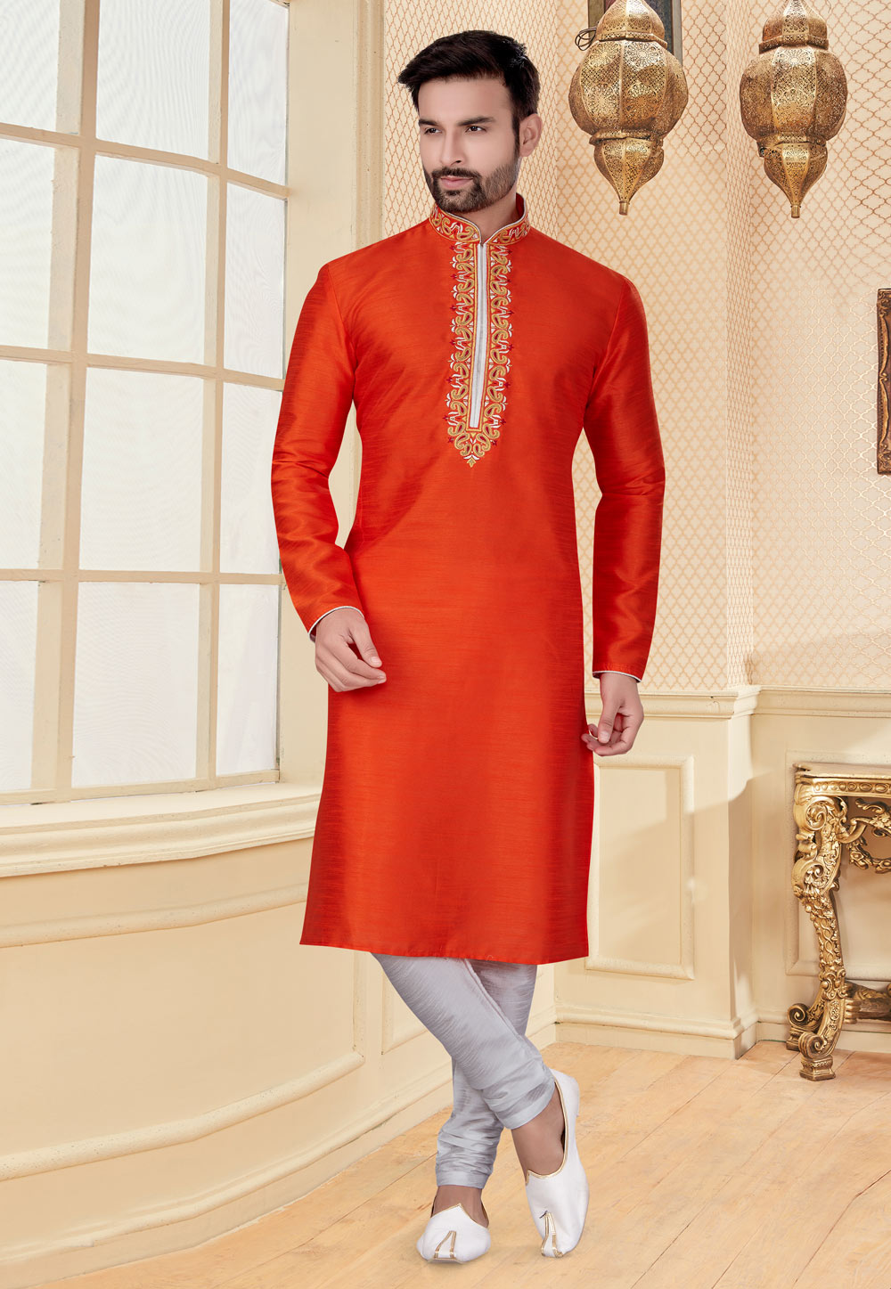 Orange Silk Kurta Pajama 251191