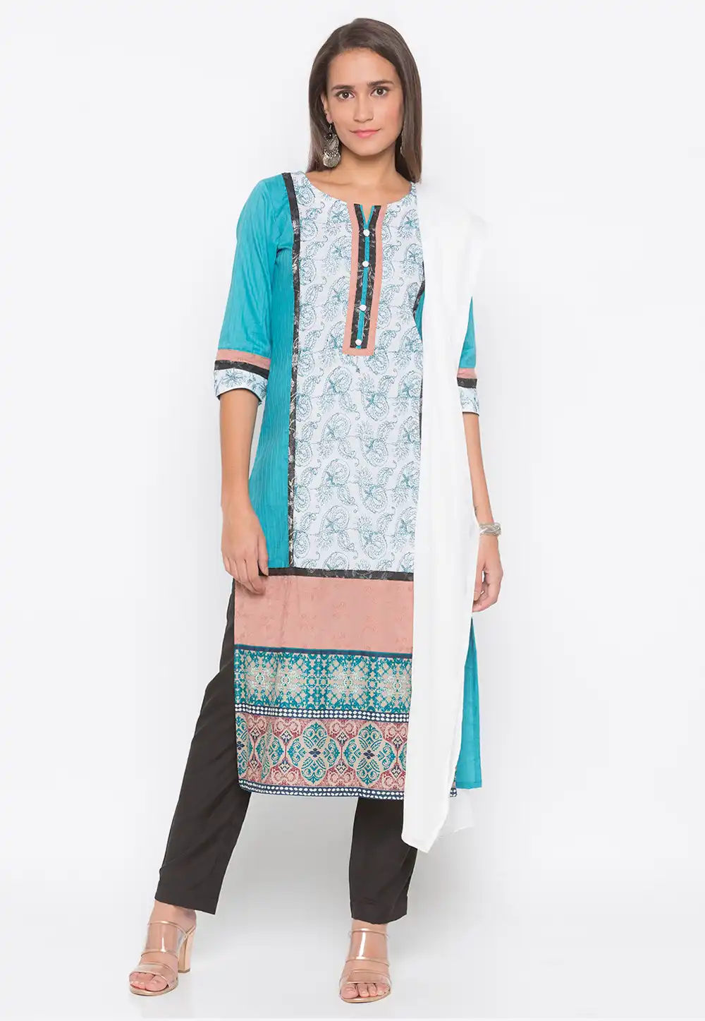 Sky Blue Cotton Readymade Pant Style Suit 223498