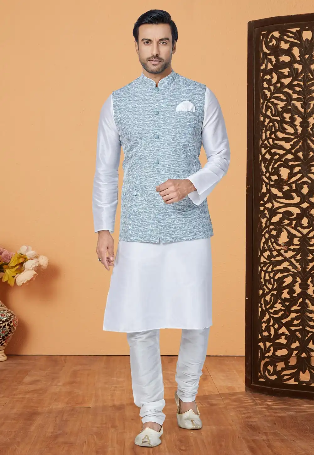 White Banarasi Kurta Pajama With Jacket 265268