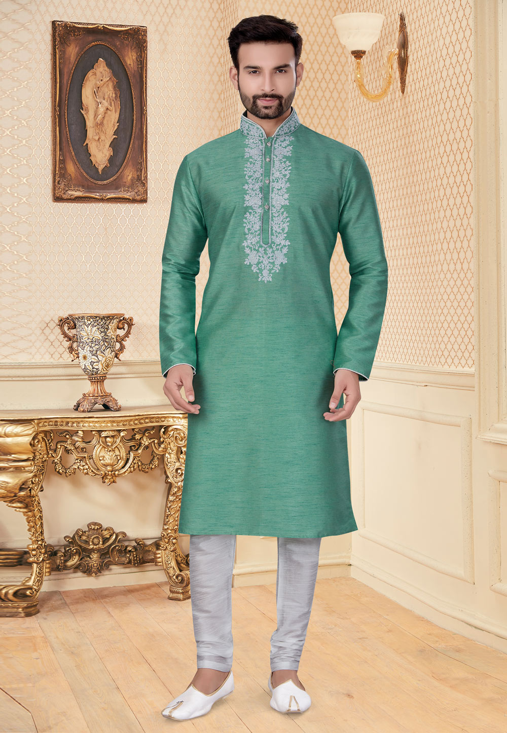 Sea Green Silk Kurta Pajama 251192