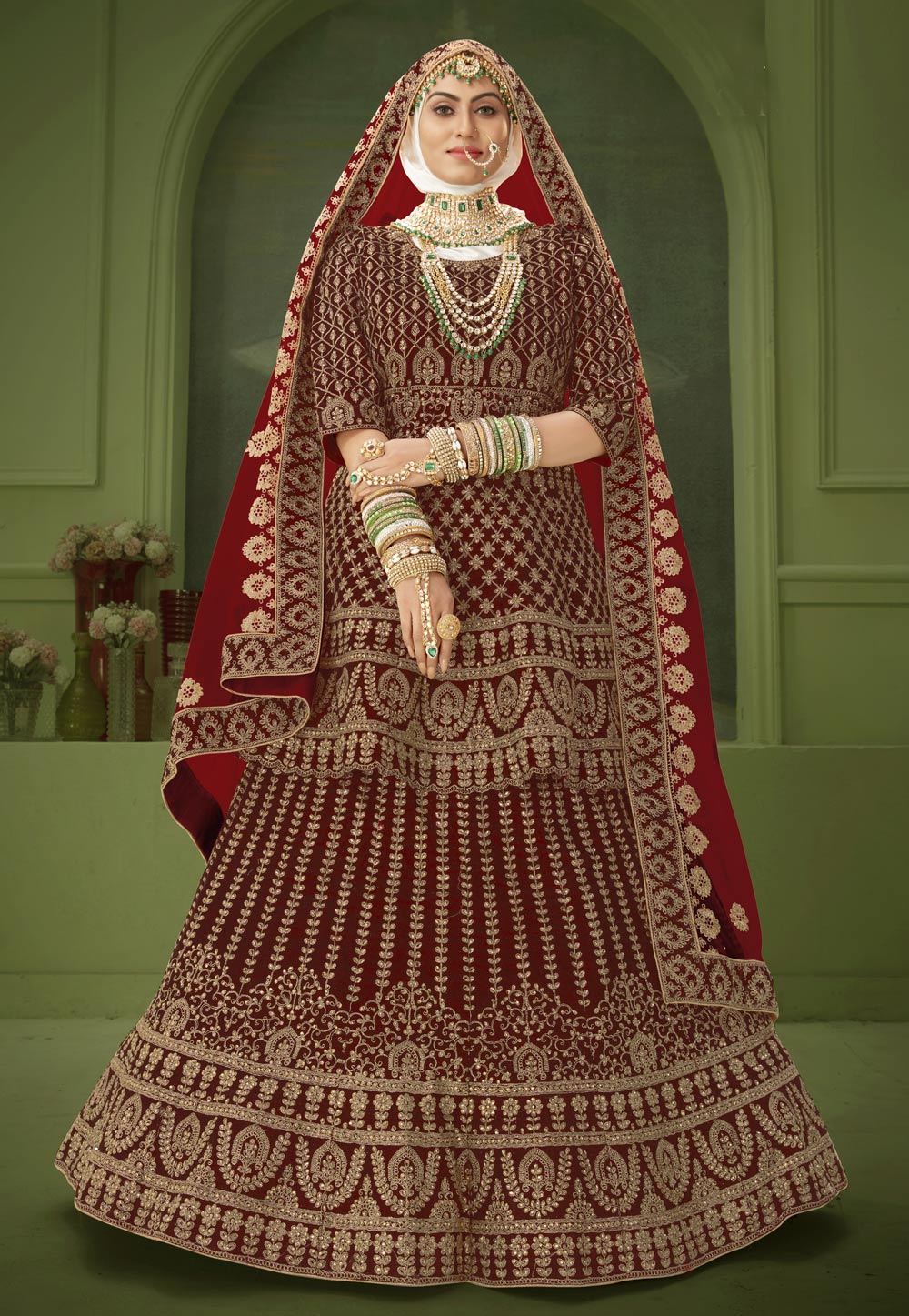 Maroon Velvet Embroidered Bridal Lehenga Choli 240387