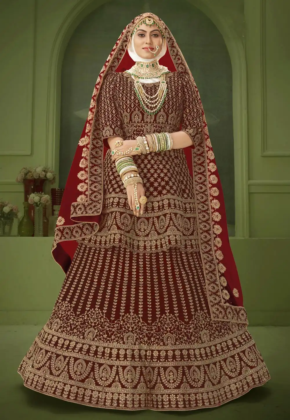 Maroon Velvet Embroidered Bridal Lehenga Choli 240387