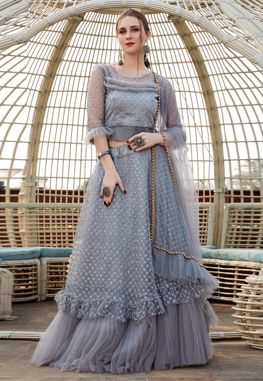 Grey Net Designer Frill Lehenga Choli 218357