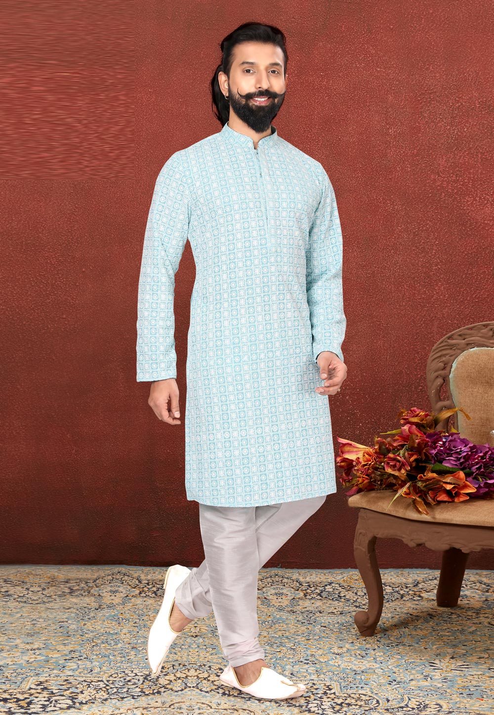 Sky Blue Georgette Lakhnavi Kurta Pajama 240407
