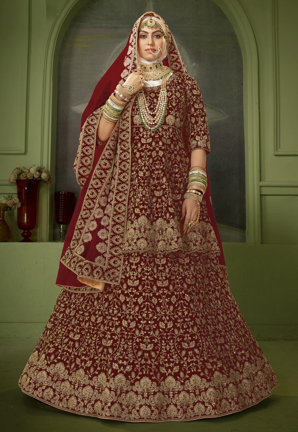 Maroon Velvet Embroidered Bridal Lehenga Choli 240388