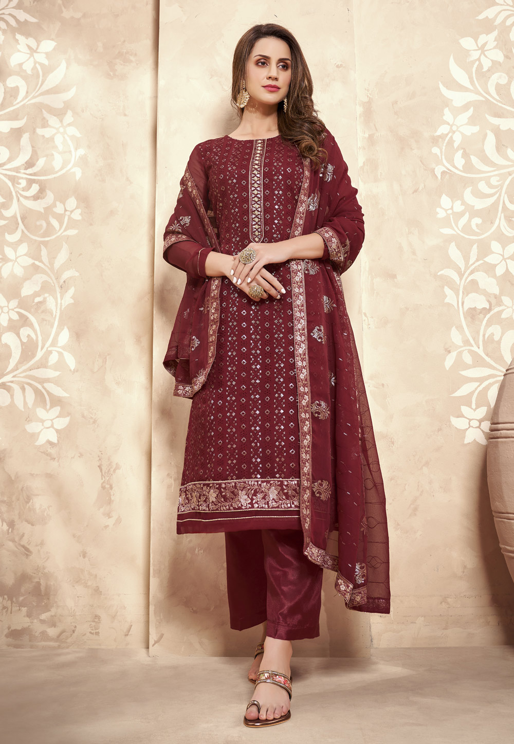 Maroon Georgette Pant Style Suit 233644