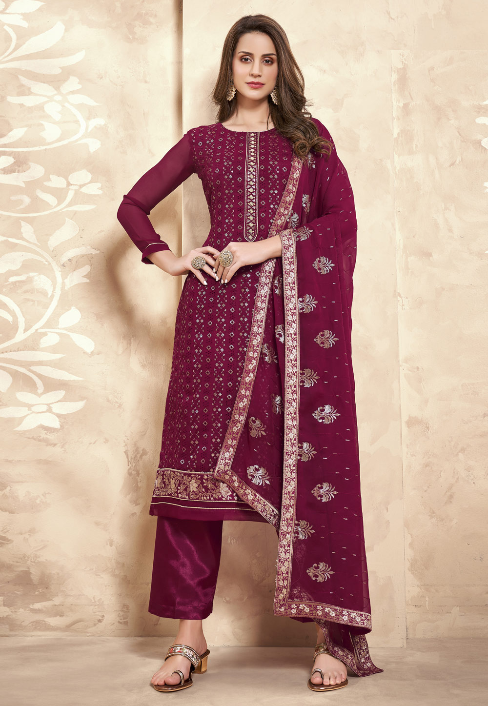 Magenta Georgette Pant Style Suit 233648
