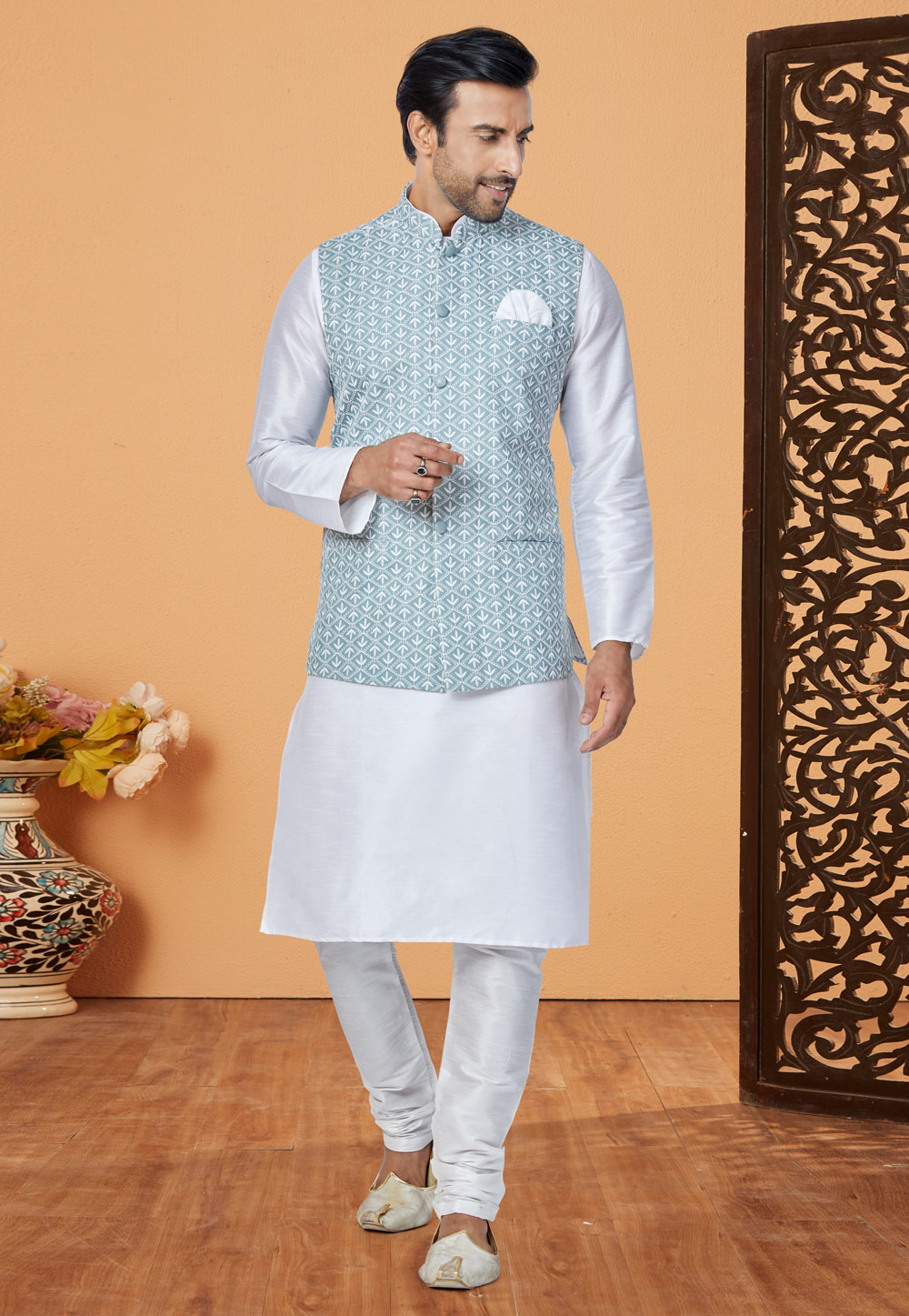 White Banarasi Kurta Pajama With Jacket 265271
