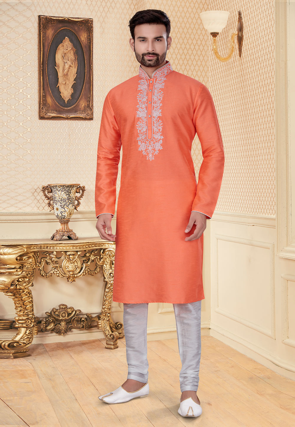 Orange Silk Kurta Pajama 251195