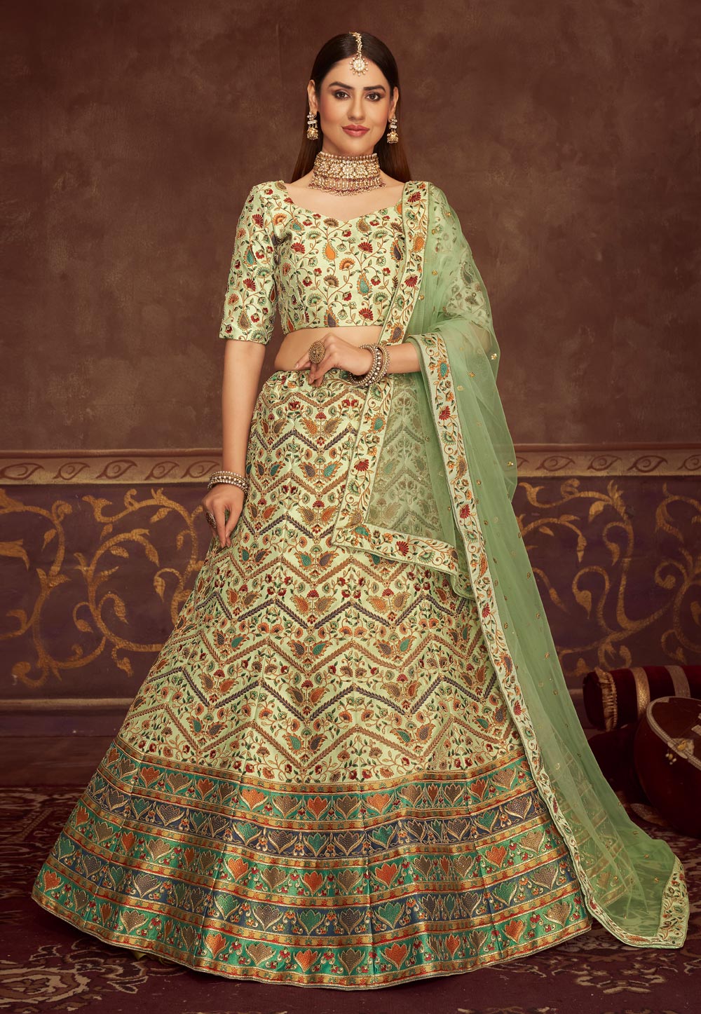 Pista Green Art Silk Circular Lehenga Choli 243129