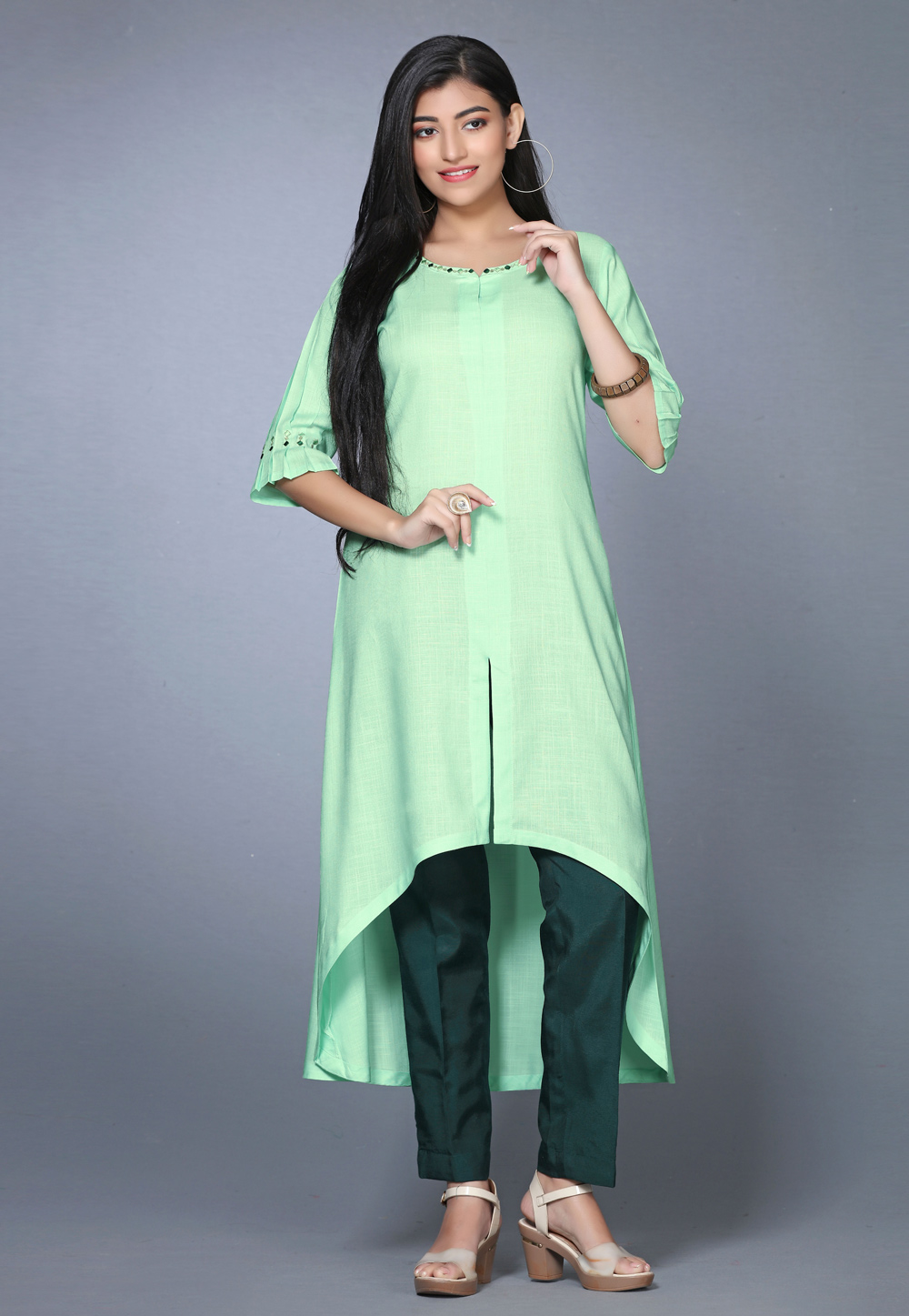 Pista Green Rayon Long Kurti 267773