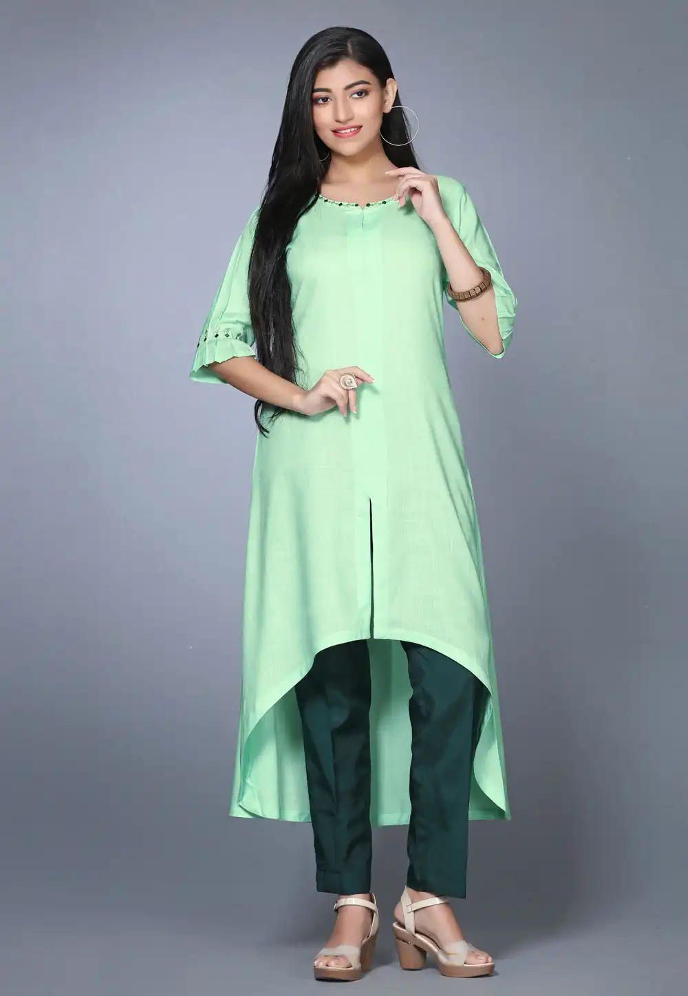 Pista Green Rayon Long Kurti 267773