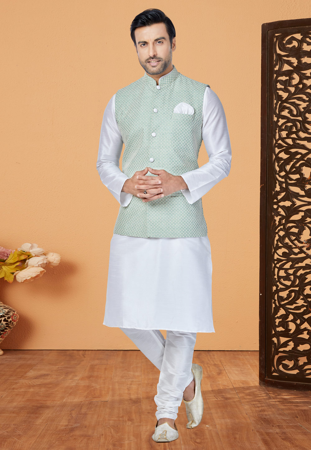 White Banarasi Kurta Pajama With Jacket 265273
