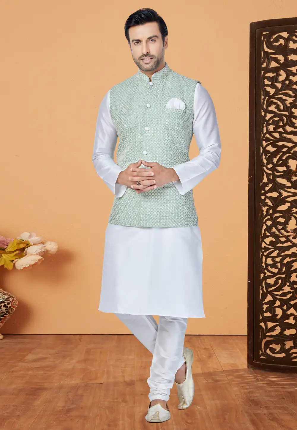 White Banarasi Kurta Pajama With Jacket 265273