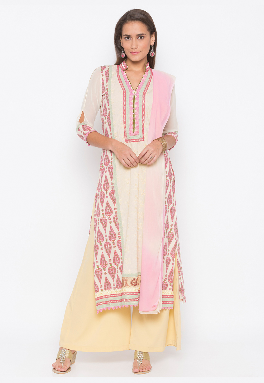 Cream Cotton Readymade Kameez With Palazzo 223501