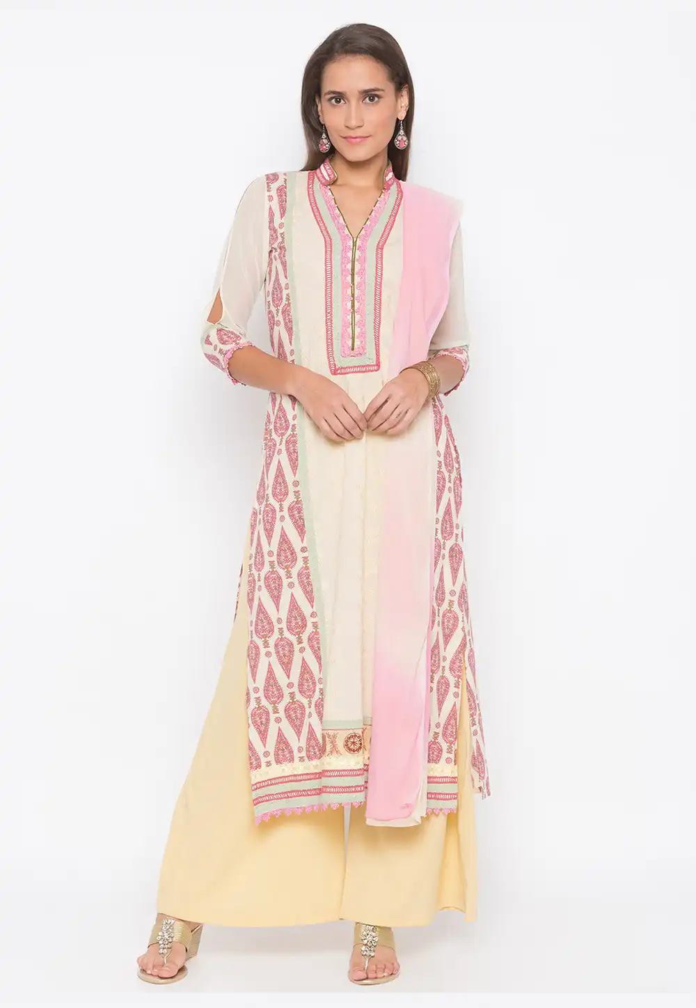 Cream Cotton Readymade Kameez With Palazzo 223501