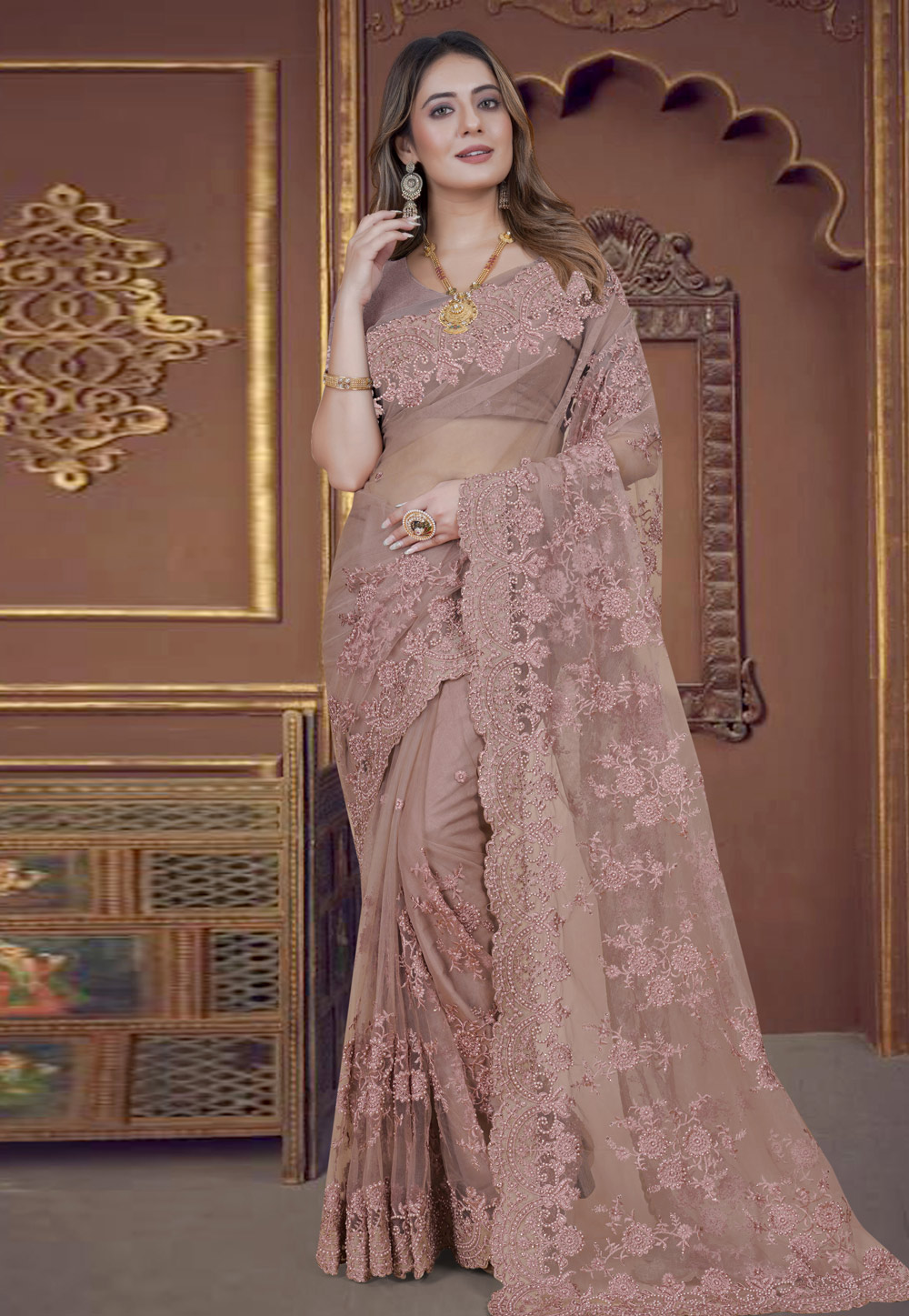 Light Brown Net Saree With Blouse 270764