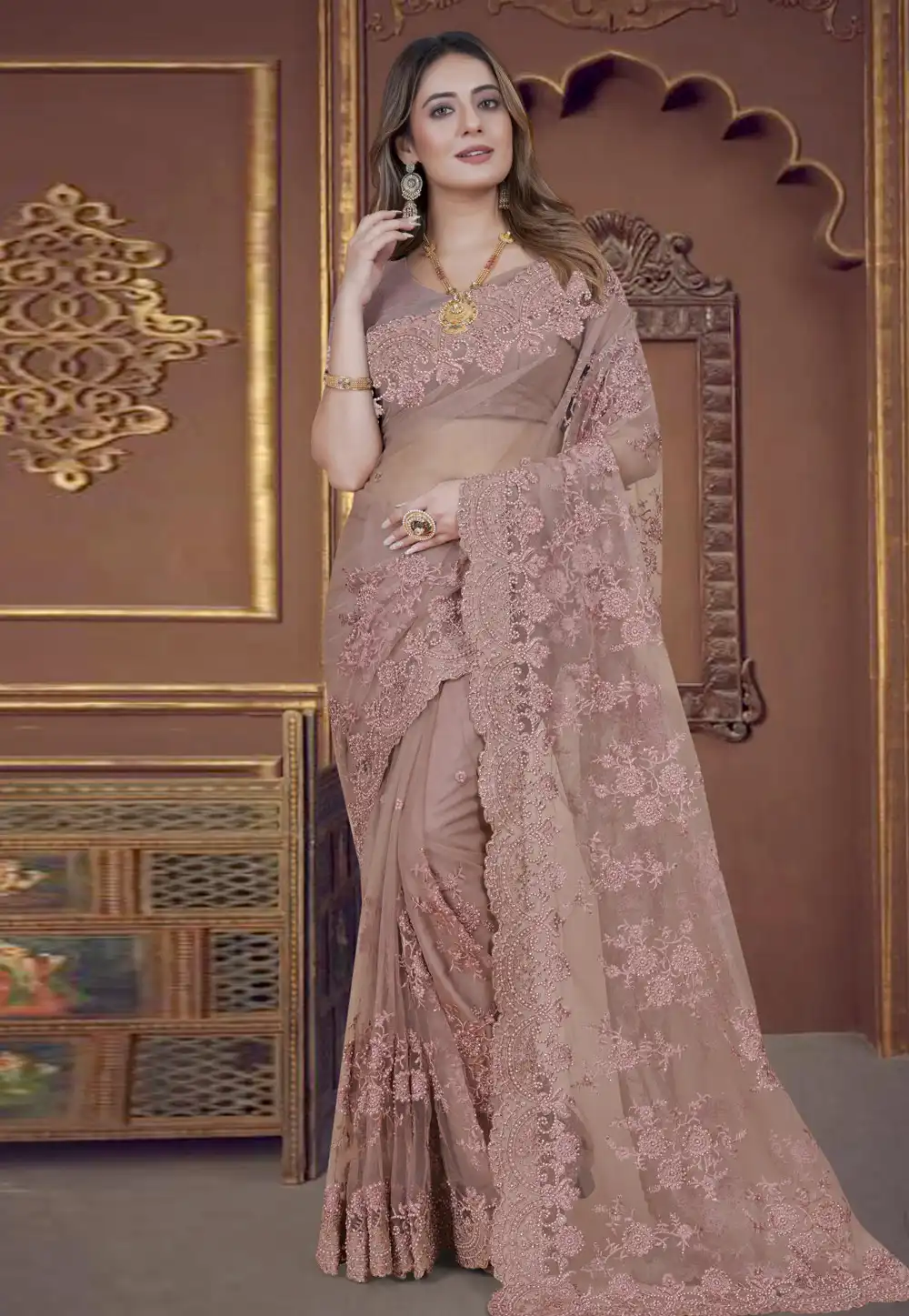 Light Brown Net Saree With Blouse 270764
