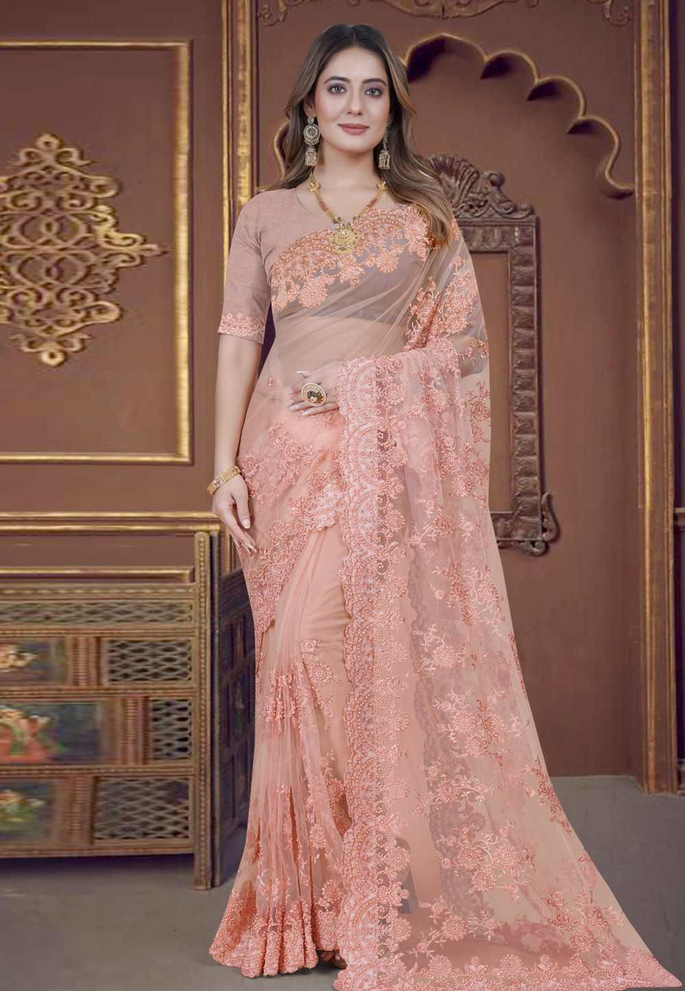 Peach Net Saree With Blouse 270765