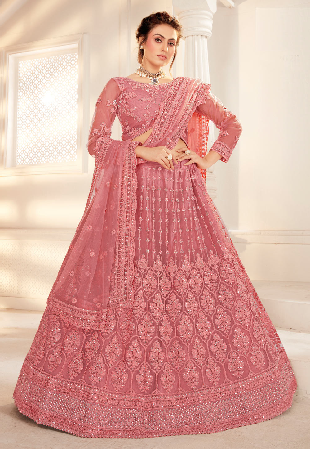 Pink Net Embroidered Work Lehenga Choli 239209