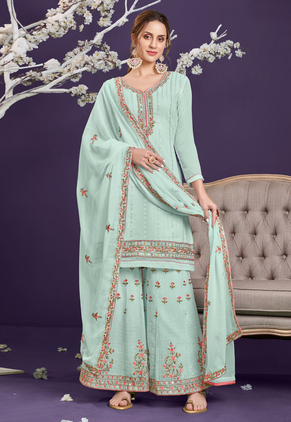 Sky Blue Georgette Sharara Suit 236604
