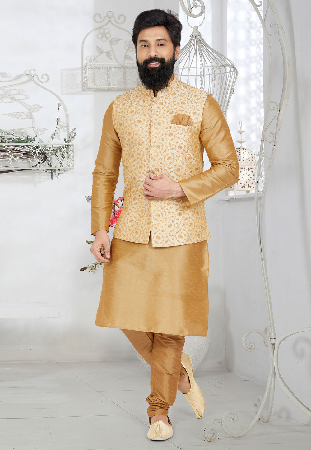 Beige Banarasi Kurta Pajama With Jacket 265279