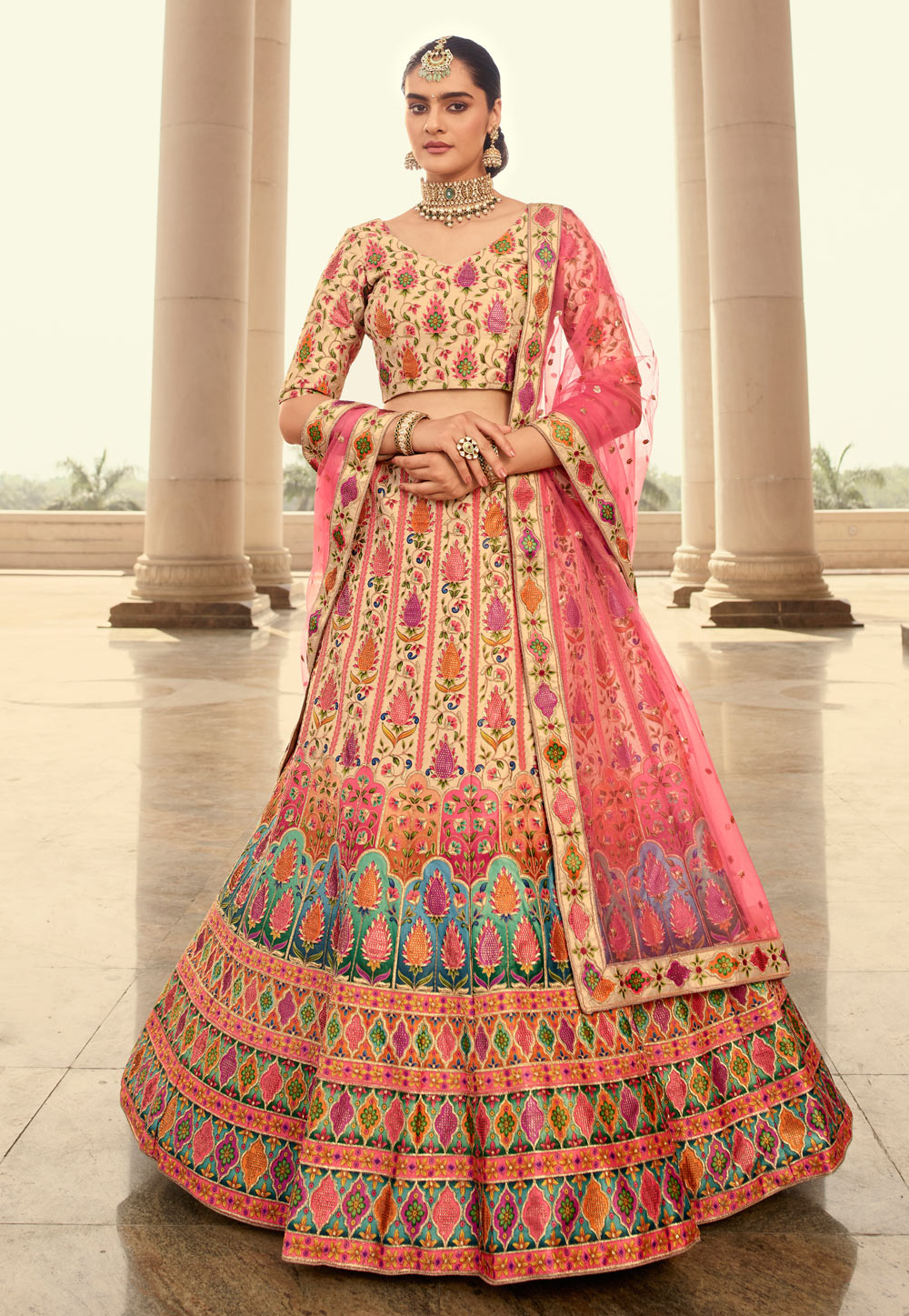 Beige Art Silk Embroidered Lehenga Choli 244096