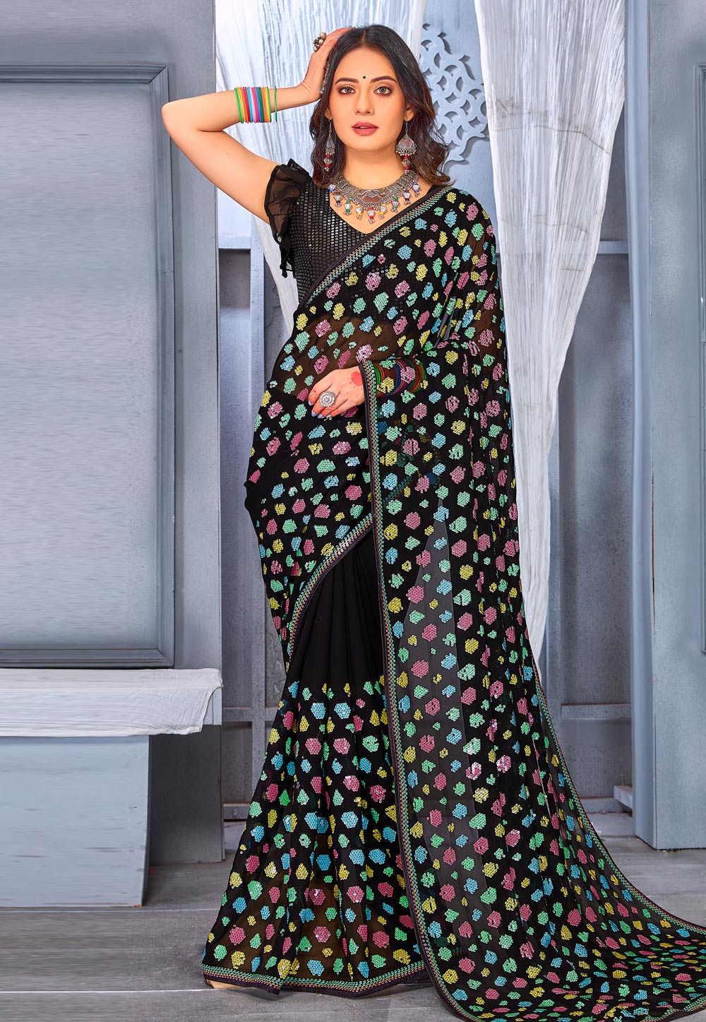 Black Georgette Sequence Saree 271035