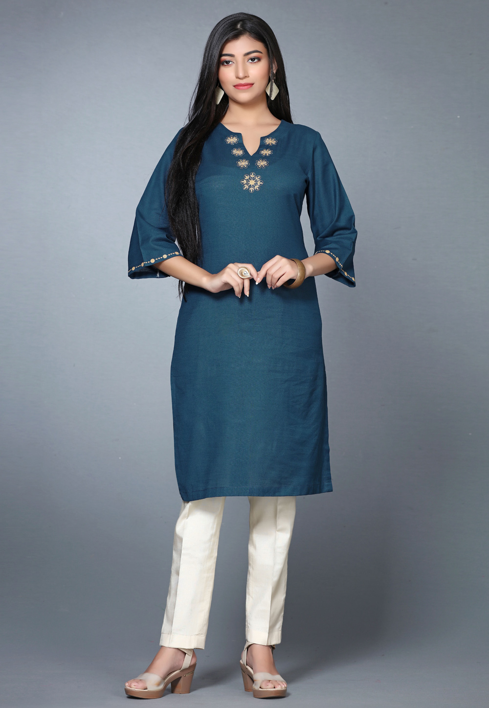 Teal Cotton Long Kurti 267779