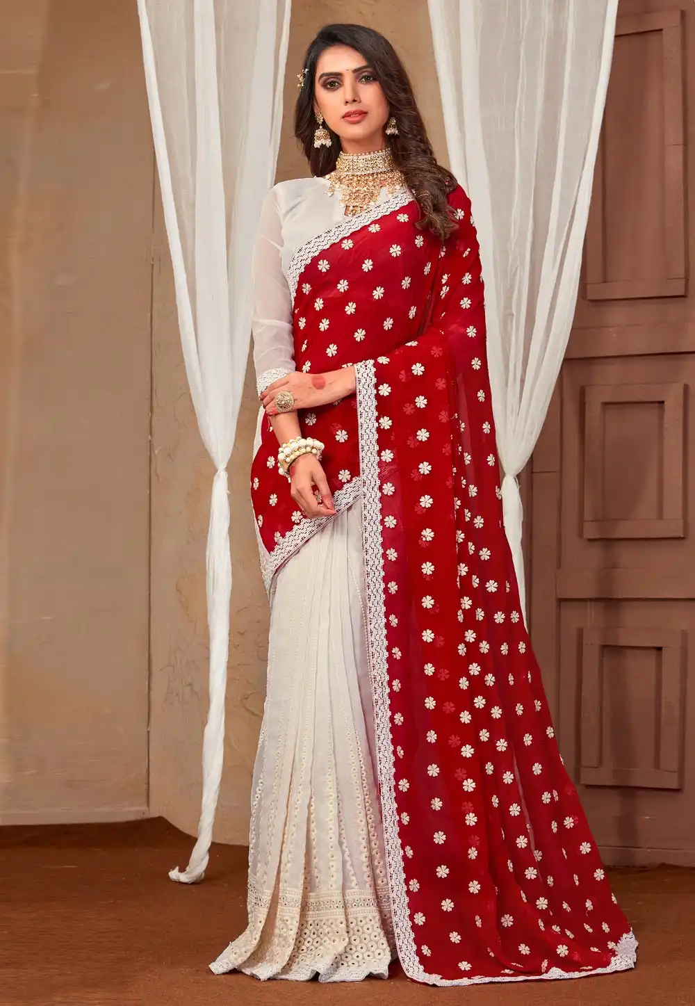 Red Off White Georgette Half N Half Saree 271036