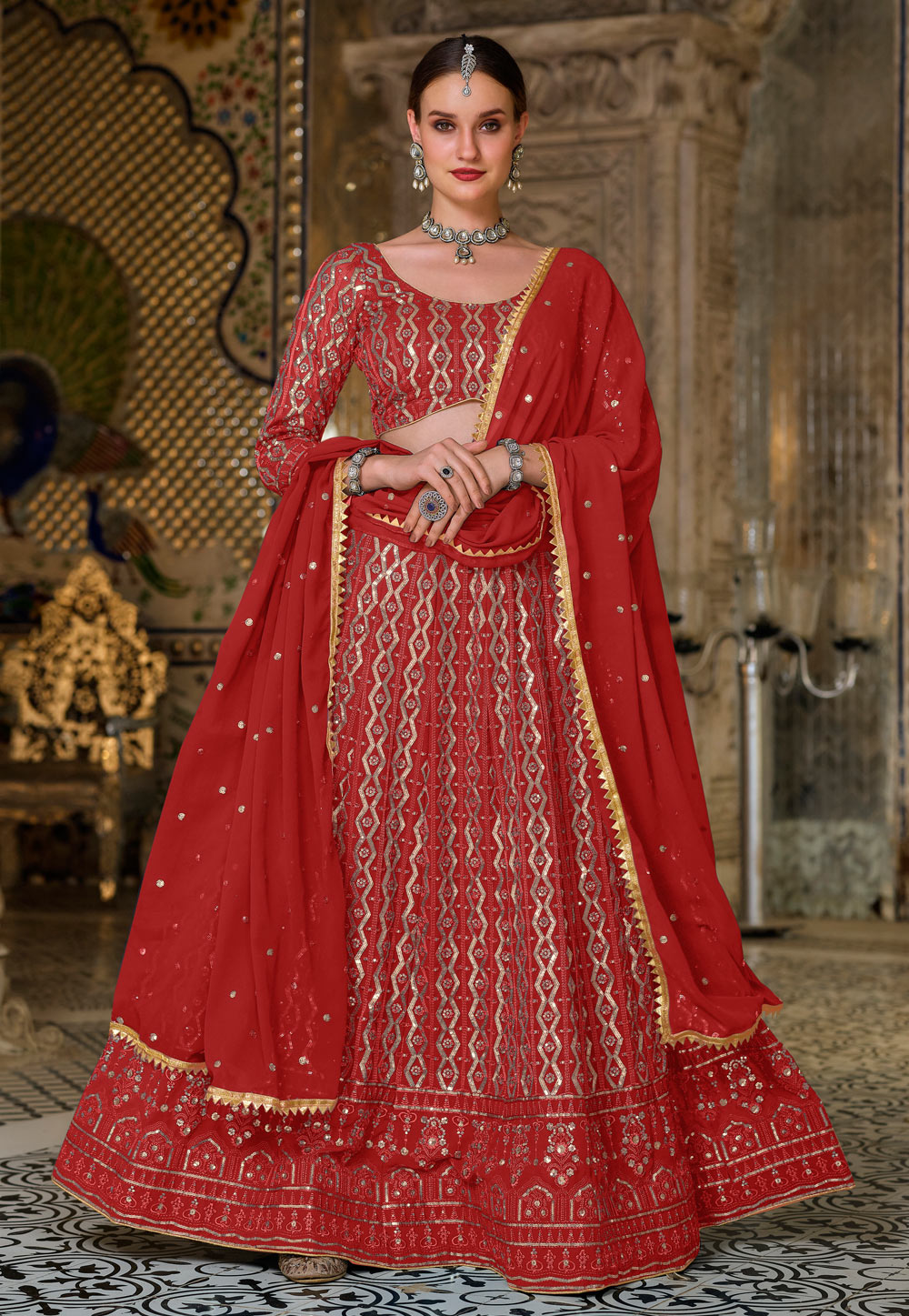 Red Georgette Circular Lehenga Choli 242131