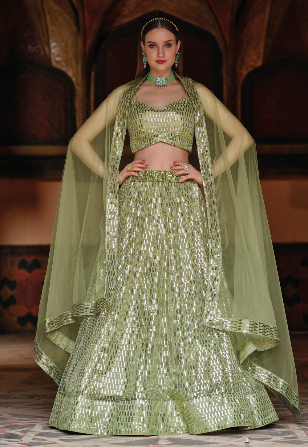Pista Green Net A Line Lehenga Choli 243710