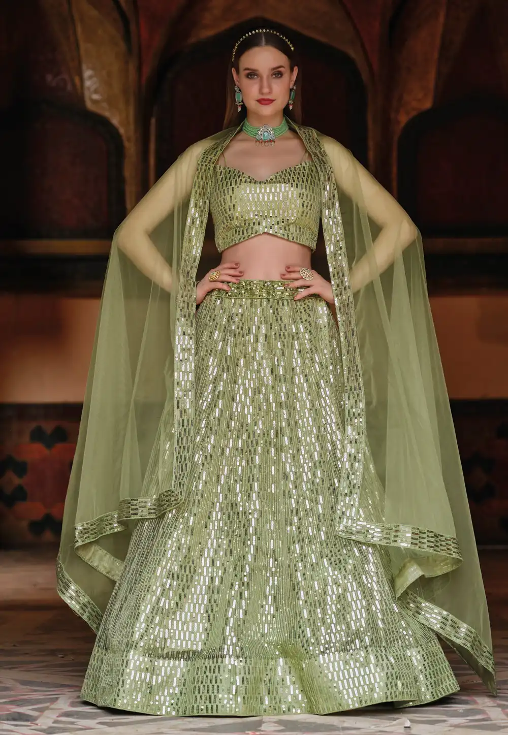 Pista Green Net A Line Lehenga Choli 243710