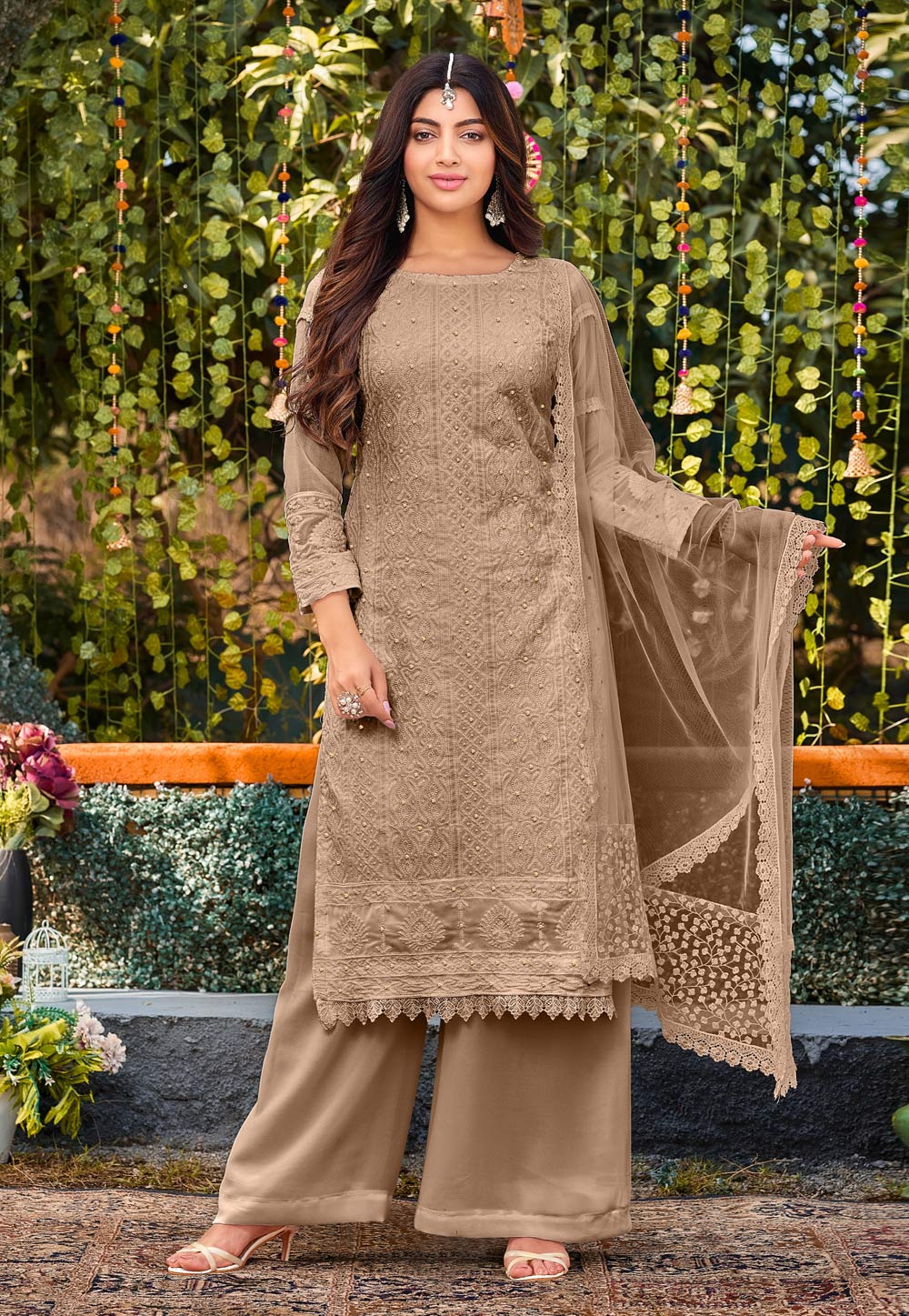 Brown Faux Georgette Pakistani Suit 260600