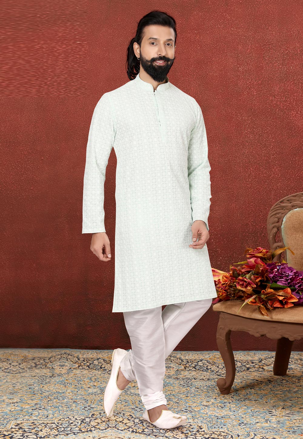 Sky Blue Georgette Lakhnavi Kurta Pajama 240409