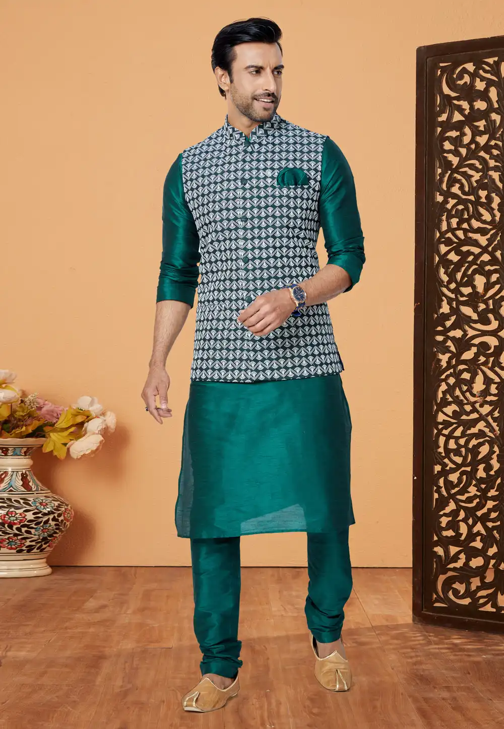 Green Banarasi Kurta Pajama With Jacket 265290