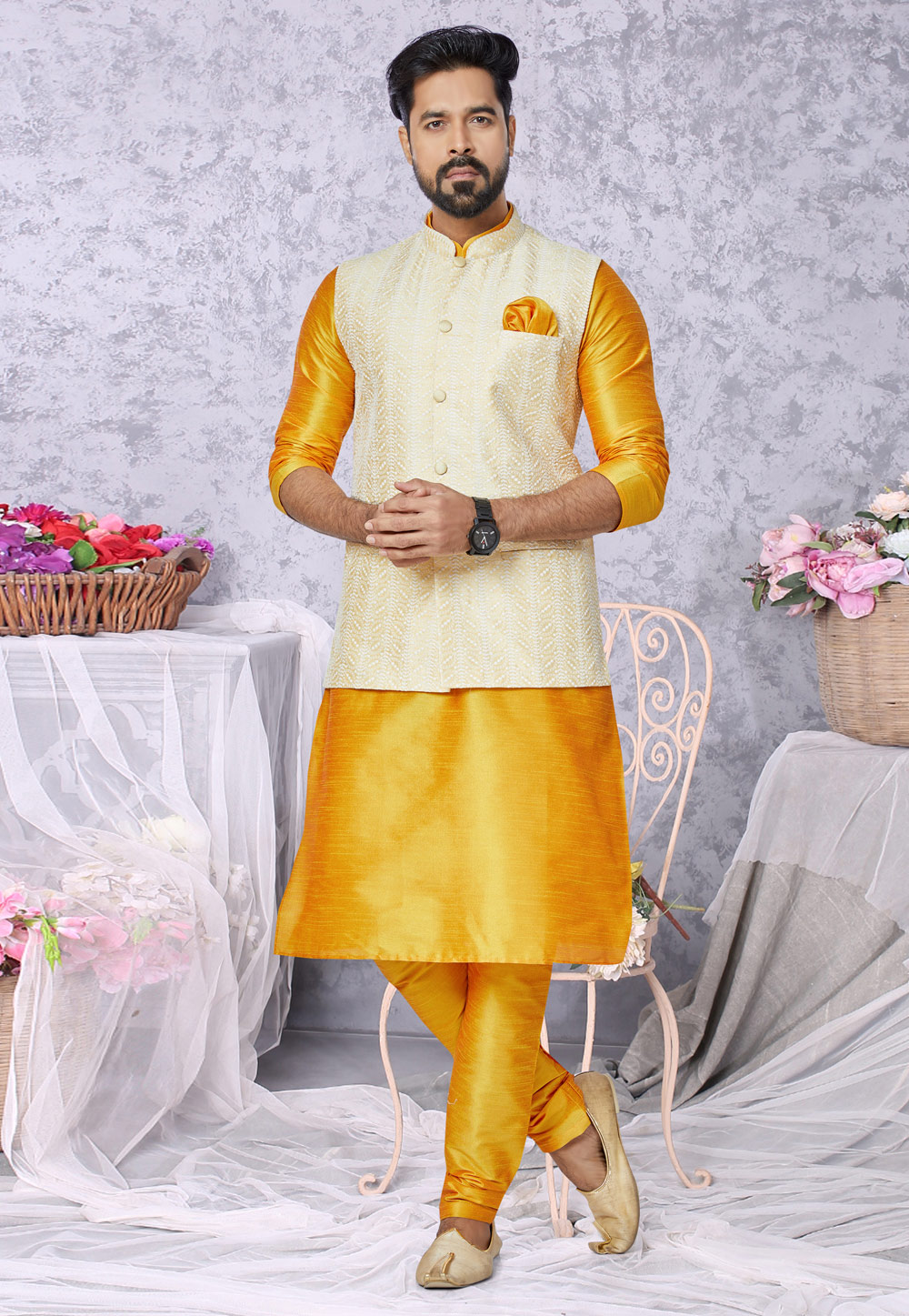Mustard Banarasi Kurta Pajama With Jacket 265291