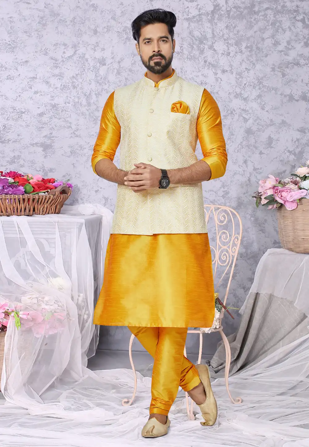 Mustard Banarasi Kurta Pajama With Jacket 265291